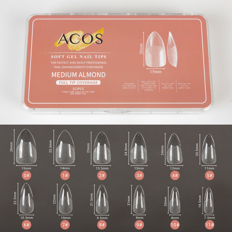 ACOS Soft Gel Nail Tips (Full Tip Coverage) - ALMOND Shape (312pcs/box) - Lashmer